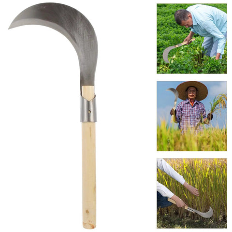 Long Handled Weeding Sickle With Wooden Handle Multipurpose Manual Garden Tool for lawn care pictured with different uses