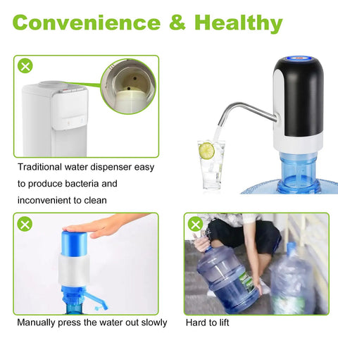 Portable 5 Gallon Water Pump Dispenser With Rechargeable Built In Battery Electric Drinking Water Pump next to traditional dispenser