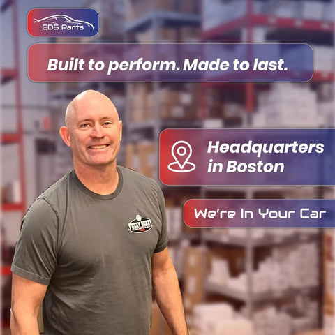 Man standing in front of warehouse backdrop with text "Built to perform. Made to last; Headquarters in Boston; We're in Your Car."