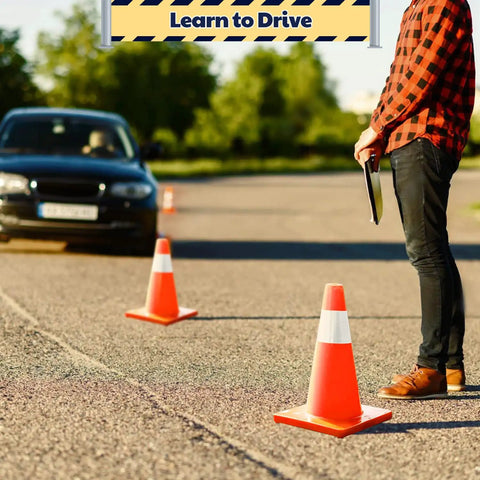 18 Inch Traffic Safety Cones 12 Pack Orange PVC With Reflective Collars in use at driving lesson, visible car and student