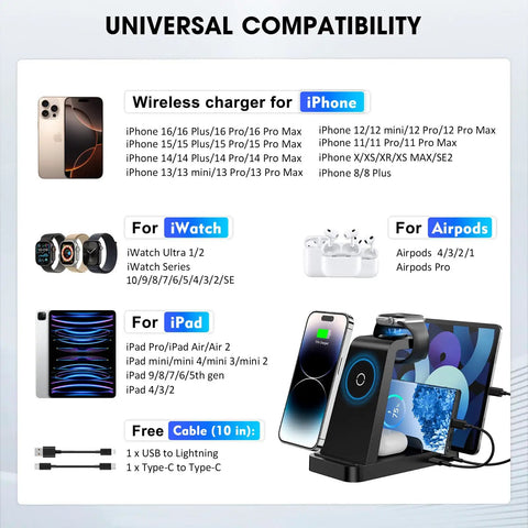 5 In 1 Wireless Charging Station For iPhone And Apple Devices With Fast Charge Stand For iPhone 17 Through 11 Apple Watch And AirPods