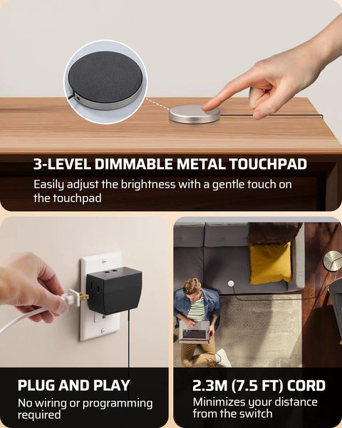 Person adjusting a Two Pack Touch Dimmer Switch With 3 Level Dimming And Touch Pad Control For LED CFL And Incandescent Bulbs 8 Ft Extension Cord ETL Listed Black Great For Any Room on a wooden desk with a metal touchpad. Plugged into a wall.