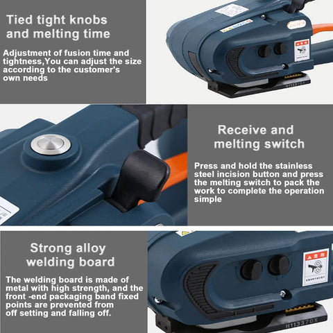 Heavy Duty Portable Electric Strapping Machine With Dual Batteries For Pet Strap Automatic Handheld Banding Tool Cuts Packing Hassles Flat With Rock Solid Precision Sealing controls and features close-up