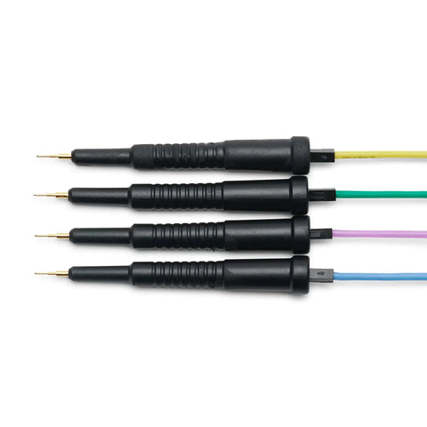 Hands Free Probing Kit With Four SQ10 Probes And Test Wires For Your Electronics Workbench Color coded probes on white background