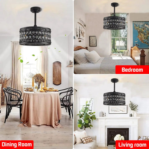 Dope Crystal Ceiling Fan With Lights Remote Control 6 Speeds Reversible Quiet Motor Black Finish For Bedroom Living Room Dining Room