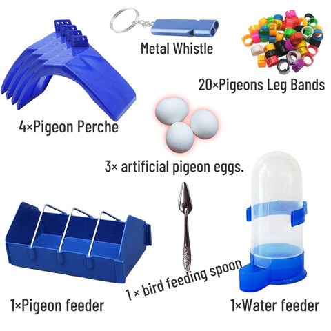 All In One Pigeon Care Starter Kit With Perches Leg Bands Dummy Eggs Waterer And Feeder Premium Birdie Accessories items overview