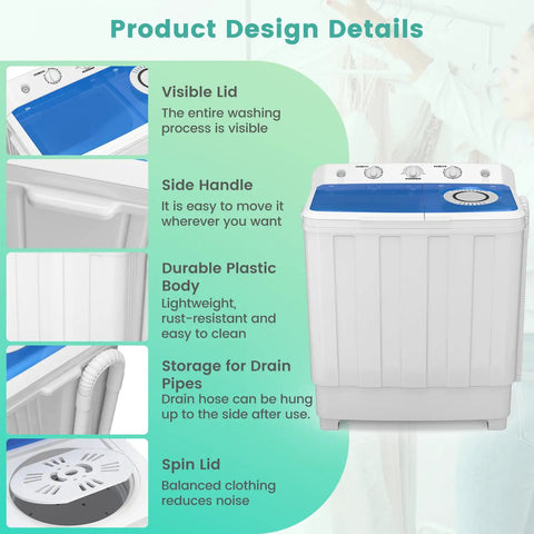 No Sweat Twin Tub Portable Washing Machine With 28 Pounds Capacity Featuring Eighteen Pound Wash Bowl And Ten Pound Spin Cylinder top view showcasing visible lid and side handle.