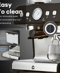 Top Shelf Stainless Steel Espresso Maker Featuring Built In Grinder And 20 Bar Pressure With Custom Shot Dial Plus Quick Steam Wand, 45oz removable water tank.