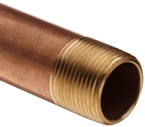 Top Shelf Heavy Duty Red Brass Pipe Nipple, 4 Inch Male NPT Threads showing detailed threaded connection for plumbing.