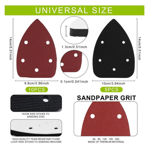 Premium 98X140mm Alumina Sandpaper 15-Piece Set With Smart Detail Interface Pads For Cars Wood And Metal Featuring Dust Flow Holes, including various shapes and sizes.