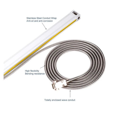 5V Precision Linear Scale Encoder with Stainless Steel Body 700mm Working Length, shown with coiled stainless steel conduit
