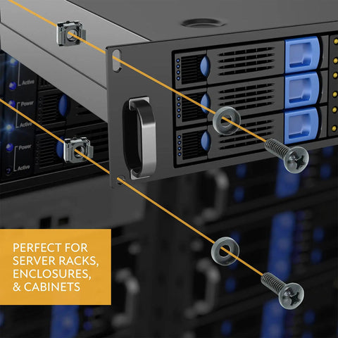 Top Shelf Heavy Duty M6 Rack Screws And Cage Nuts Kit With Flat Washers displayed on a server rack for secure installation.