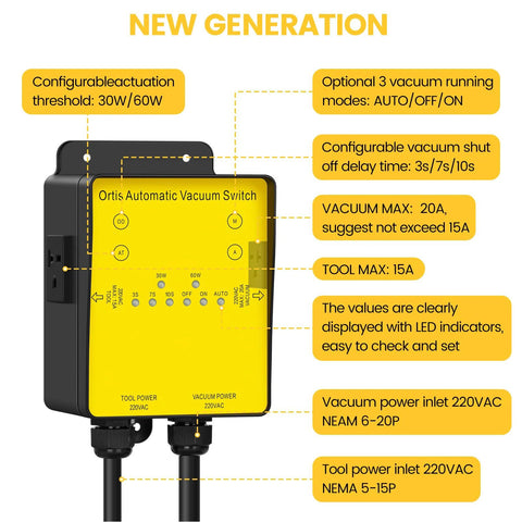 Front view of Ortis 220V Automatic Vacuum Switch, yellow control panel for dust collectors and 220V tools, Amazon brand