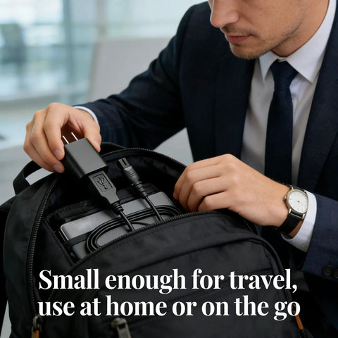 Man placing Water Flosser USB Charger Cable Replacement Compatible With Nicwell F5025 into backpack for easy travel.