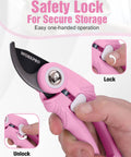 Close-up of 6.9 Inch Bypass Pruning Shears with Sharp SK5 Steel Blade in pink, showing safety lock feature and ergonomic handle.