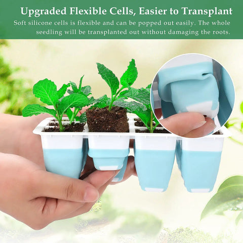 5 Piece Reusable Seed Starter Tray Kit With 60 Cells And Pro Grade Flexible Pop Out Silicone Cells For Easy Transplanting, indoor seedling trays being held with green seedlings.