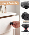 Black Round Cabinet Knobs Set 30mm Aluminum Alloy Drawer Handles With Self Adhesive Pads And Screws Stick On Or Screw In For Closet Kitchen Cupboard 10 Pack, showing use on drawer and material details.
