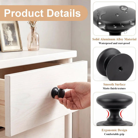 Black Round Cabinet Knobs Set 30mm Aluminum Alloy Drawer Handles With Self Adhesive Pads And Screws Stick On Or Screw In For Closet Kitchen Cupboard 10 Pack, showing use on drawer and material details.