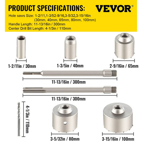 Heavy-Duty Concrete Hole Saw Kit With SDS Plus And SDS Max Shanks, 10-Piece Set showing dimensions and specifications for 30 to 100 mm holes.
