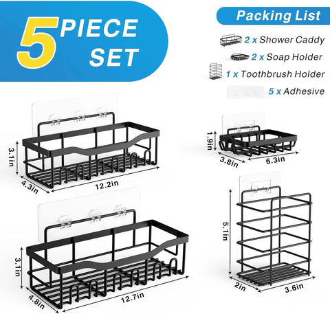 5-Piece Rustproof Stainless Steel Shower Caddy Set No Drill Adhesive Bathroom Organizer including space-saving shelves and holders