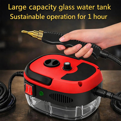 Heavy Duty Handheld Steam Cleaner with large glass water tank and nozzle for efficient deep cleaning.