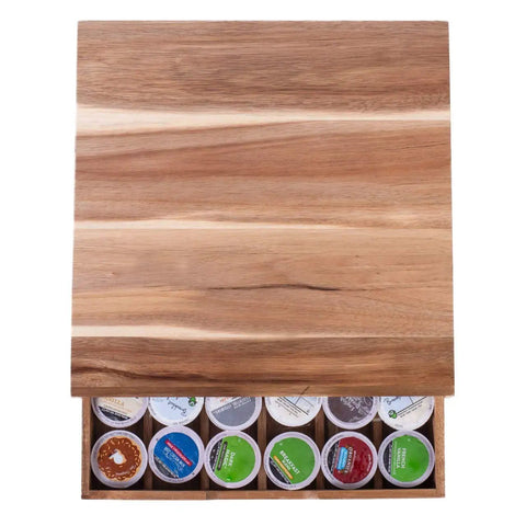 Acacia Wood Coffee Pod Drawer Organizer For K Cups And OriginalLine with pods inside, rustic natural finish solid wood, top view