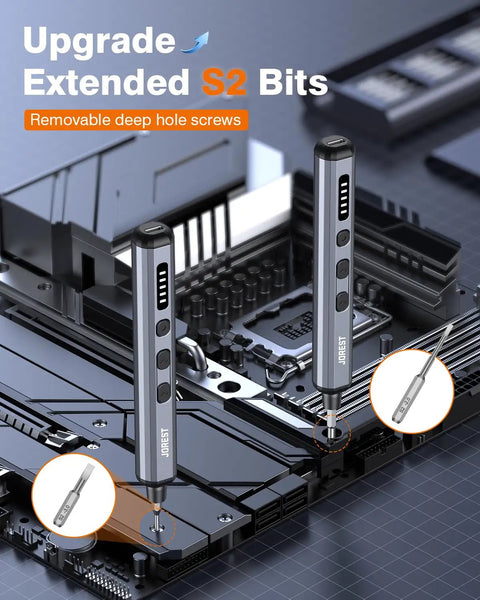 Cordless Precision Mini Electric Screwdriver Kit With 38 Magnetic Bits, 5 Adjustable Torque Settings shown with S2 bits in use.