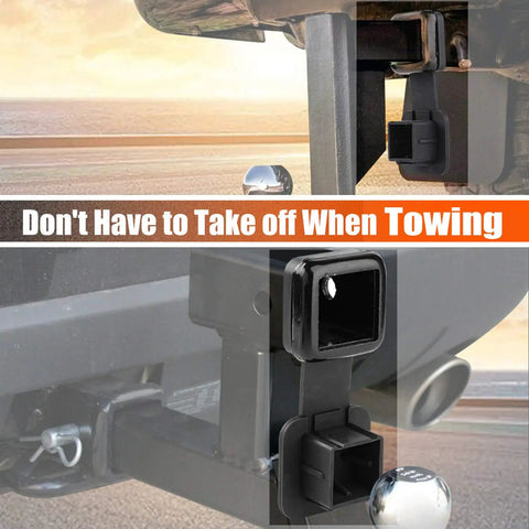 2 Inch Trailer Hitch Cover Plug Cap For Universal 2x2 Receiver Tubes installed on vehicle, illustrating ease of towing