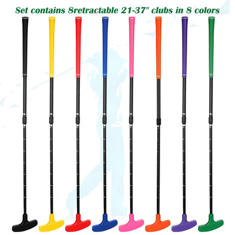 8 Pack Adjustable Mini Golf Putters for Men and Women Two Way Set, colorful shafts displayed in a row