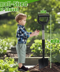 Child in garden next to Compact 31 Inch Metal Square Shovel With D Handle For Edging Digging Trenching And Transplanting