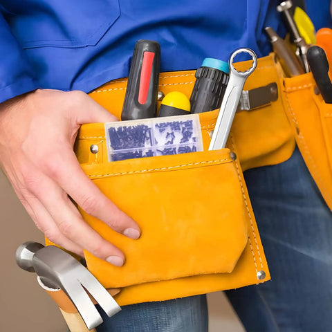 Person wearing tool belt with 510 Pcs M2 Socket Cap Screws Kit With Nuts, Washers, And Wrench in pocket