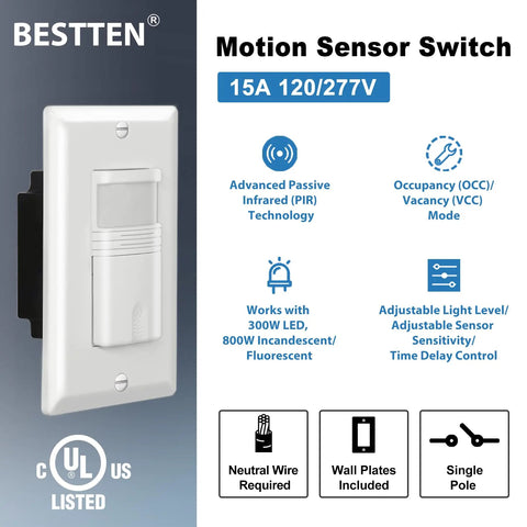 5 Pack Motion Sensor Switches No Brainer Auto On Off PIR Occupancy And Vacancy Modes 800W 120 Volt 277 Volt Compatible