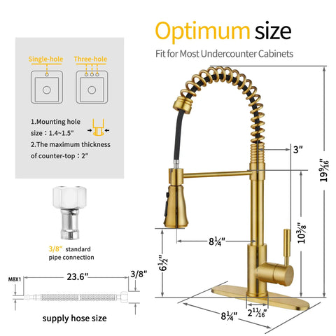 Brushed Gold Kitchen Faucet With Dual Function Pull Out And Pull Down Sprayer, Solid Single Handle With Deck Plate, size diagram