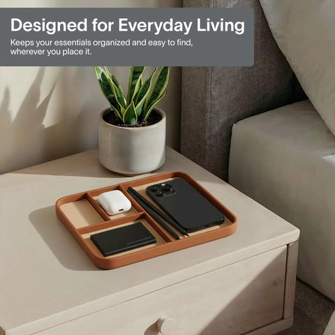 Snap Up This Dope Sand Brown Leather Valet EDC Tray to Sort Your Daily Essentials Watch and Change While Keeping Your Desk or Nightstand Clutter Free and Looking Fresh in Medium Size on bedside table.