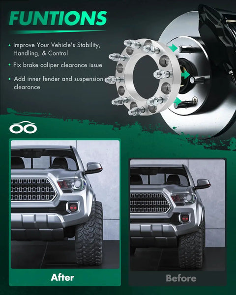 2Pcs 8x170 Wheel Spacers 1.5 Inch Thick with 125mm Hub Bore shown on brake disc and comparison of vehicle stance before and after installation.