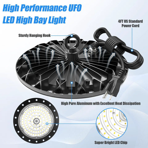 High performance UFO High Bay LED Shop Light 6000K daylight with hanging hook and US plug