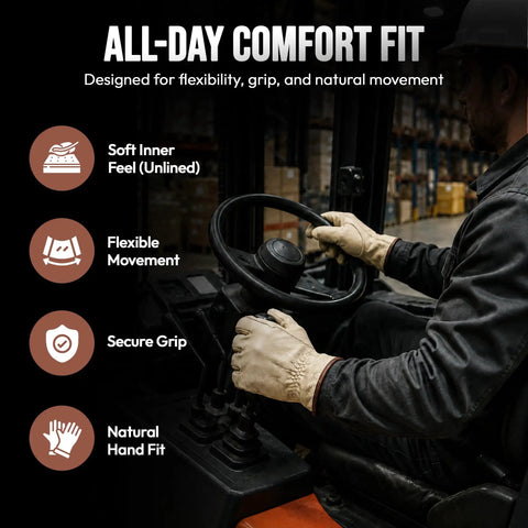 Man wearing 12 Pair Large Leather Work Gloves Tough-As-Nails Heavy Duty For Industrial And Residential Jobs in forklift