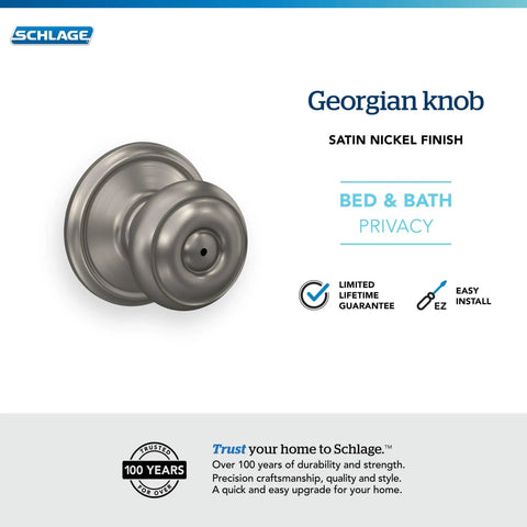 Bedroom And Bathroom Privacy Door Knob Lock In Satin Nickel Finish, DIY Friendly Install With Self Aligning Screws, Push Button Inside Unlocks