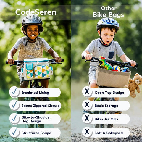 Comparison of Insulated Kids Bike Basket With Two In One Handlebar And Shoulder Bag and other bike bags, showing features.