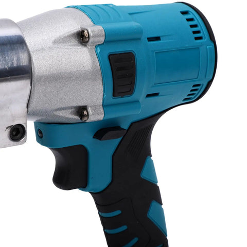 Heavy Duty Cordless Metal Shears With Brushless Motor And 360 Degree Rotating Head. Close-up of handle and button, blue finish.