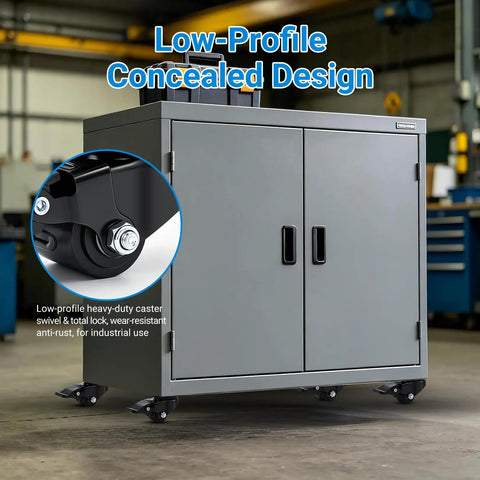 Heavy Duty Low Profile Caster Wheels Set Of Four With Brakes Creates A Badass Rolling Setup On Hardwood Or Tile Floors Supporting Up To 1100 Lbs For Beds Workbenches, shown on a low-profile cabinet.