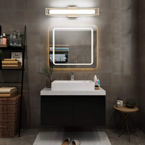6000K Dimmable Vanity Light Bar For Bathroom, 26 Inch Champagne Gold LED Mirror Fixture above modern sink