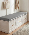 Custom Bench Cushions For Window Seats And Benches With Non Slip Bottom Waterproof Indoor Outdoor Cushions That Stay Put On Any Bench Great For Entryways Patios And DIY Furniture With Custom Size And Color Options, shown on white bench