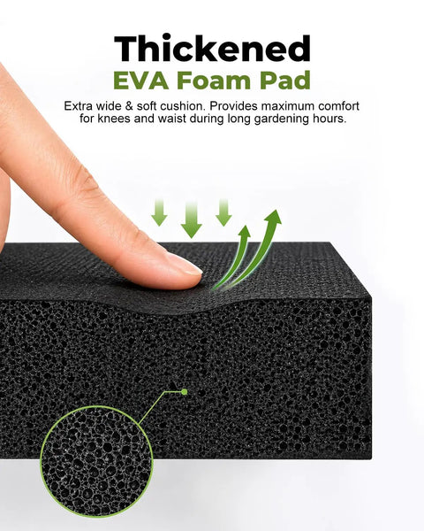 Close-up of a thickened black EVA foam pad with finger pressing down, used for the Garden Stool And Kneeler 7 Piece Set With Aluminum Tools.