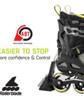 Macroblade 80 ABT Women's Fitness Inline Skates close-up showing ABT braking system, black and grey design with yellow accents.