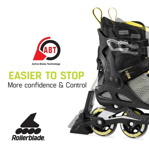 Macroblade 80 ABT Women's Fitness Inline Skates close-up showing ABT braking system, black and grey design with yellow accents.