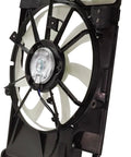 Plug And Swap Radiator Cooling Fan Assembly With Built In Motor Shroud And Bonus Coolant Tank Fits Toyota Prius C 2012 Through 2015 1.5L Hybrid showcased from the side.
