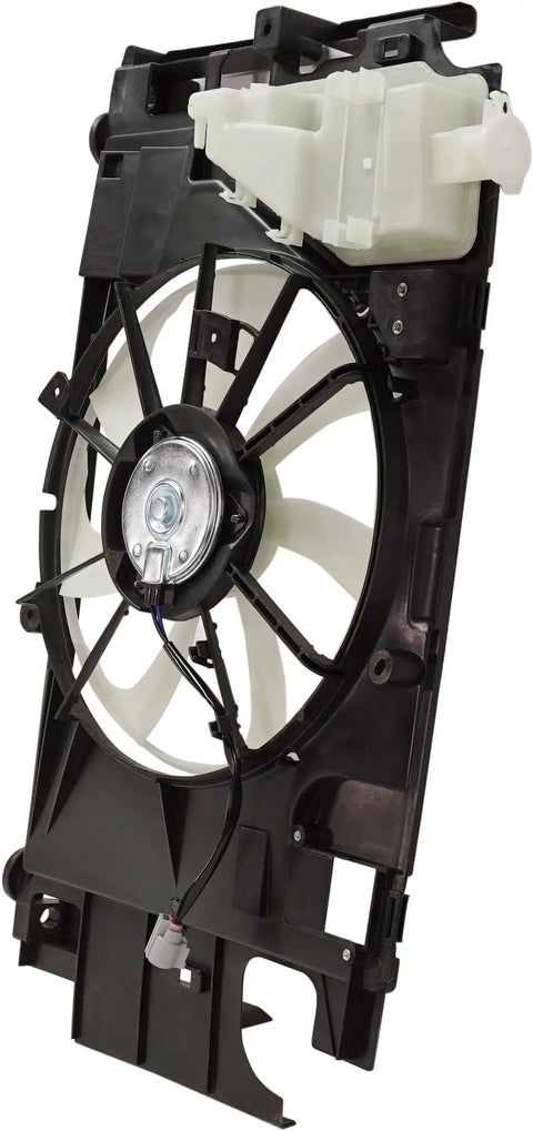 Plug And Swap Radiator Cooling Fan Assembly With Built In Motor Shroud And Bonus Coolant Tank Fits Toyota Prius C 2012 Through 2015 1.5L Hybrid showcased from the side.