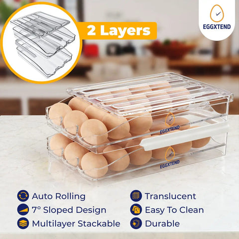 Large Capacity 36 Egg Fridge Organizer With 2 Layer Stackable Tray And Rolling Storage Anti Slip Egg Container For Kitchen