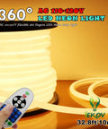 360 Degree LED Neon Light Strip Rope Light With Remote, Dimmable and Waterproof coiled with remote on warm background